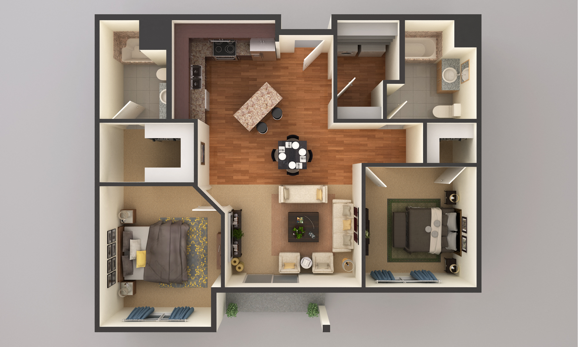 Floor plan for 2 beds, 2 baths, 1161 sqft
